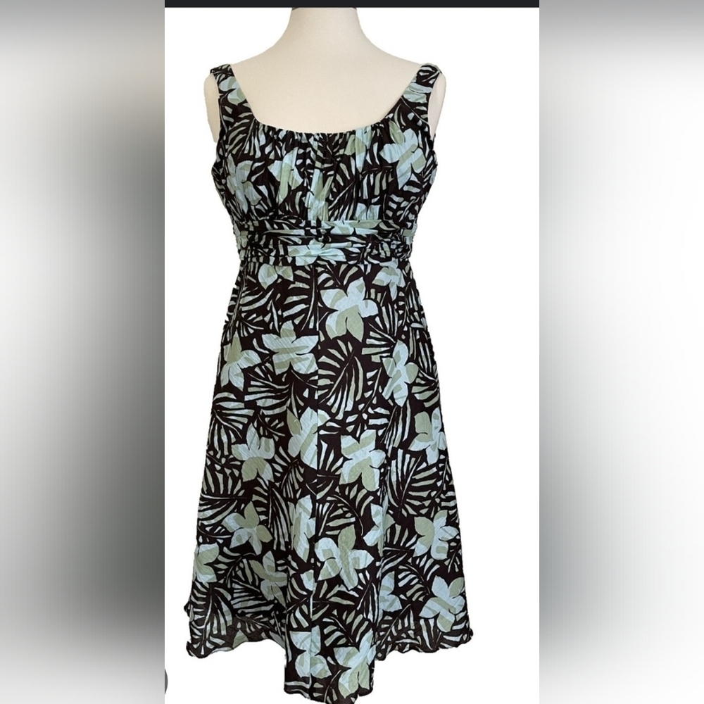 Evan Picone Black and Green Leaf Print Midi Dress